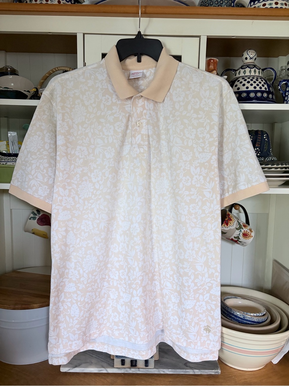 Brooks Brothers Performance Polo Shirt Large Tan and White Subtle Floral